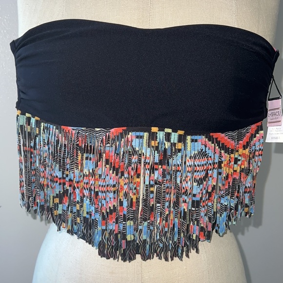 L*Space Strapless Reversible Tribal Black & Multi-Color Fringe Bikini Top Sz S - Picture 10 of 11